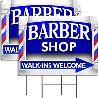 Vista 2 de Paquete de 2 carteles para patio de Barber Shop (flecha) de 16 x 24 pulgadas, impresión a doble cara, con estacas de metal