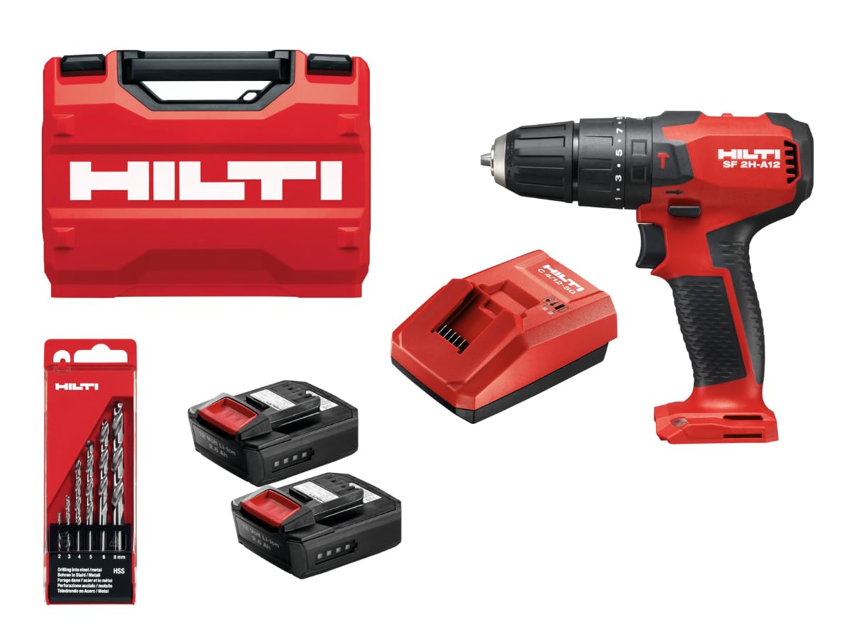 Hilti 2406819 Kit Avvitatore SF 2H-A12 + 2 batterie B 12/2.6 + caricatore C4/12-50 + Set di 6 punte HSS (foratura senza percussioni con avvitamento. Peso 0,87 kg. Include valigetta)