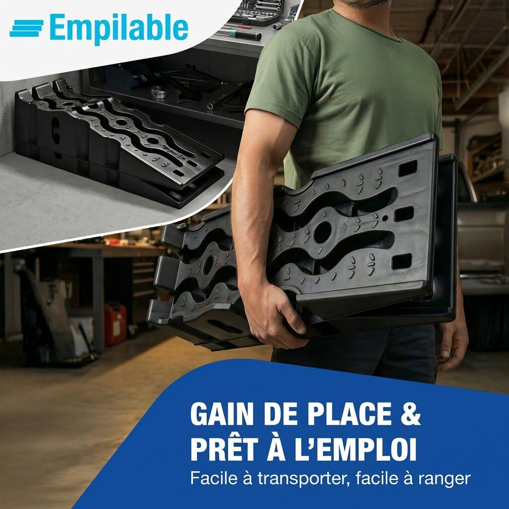 NTG Rampe de chargement pour voiture (lot de 2) jusqu'à 3000 kg, cales de chargement haute capacité en plastique antidérapantes + empilable - Convient à toutes les voitures