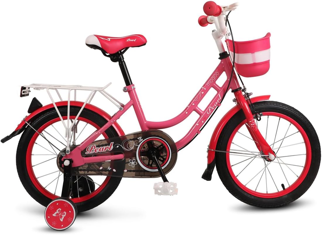 Pearl Kids Road Bike With Basket for 4-10 Years Old Girls, Adjustable Seat, Handbrake, Mudguards, Reflectors, Rear Carrier, Gift for Kids, 16/20 Inch Bicycle with Training Wheels