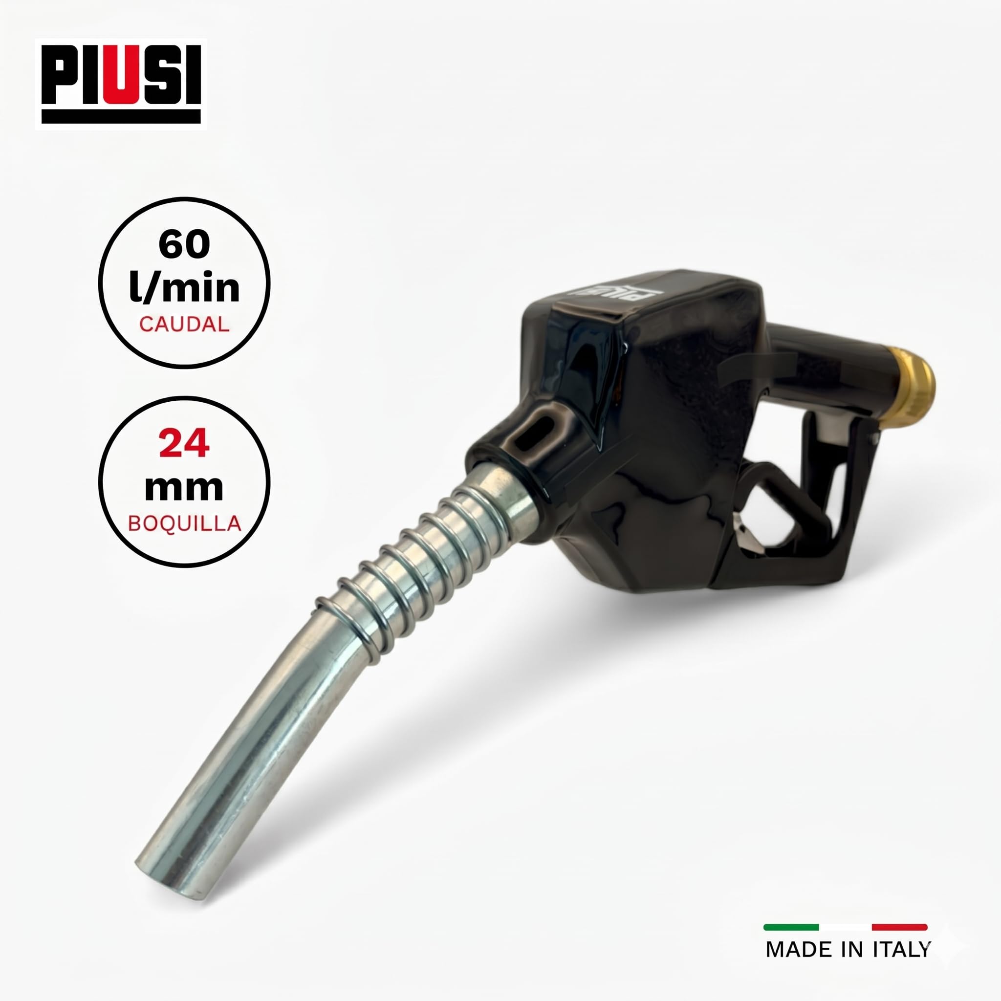 PIUSI Boquilla de Combustible para diésel, Gasolina con Apagado Automático para caudales de hasta 60 litros/Minuto, Adecuado para vehículos con Boquilla de 24 mm, Conexión 1" BSP | A60 F00603060