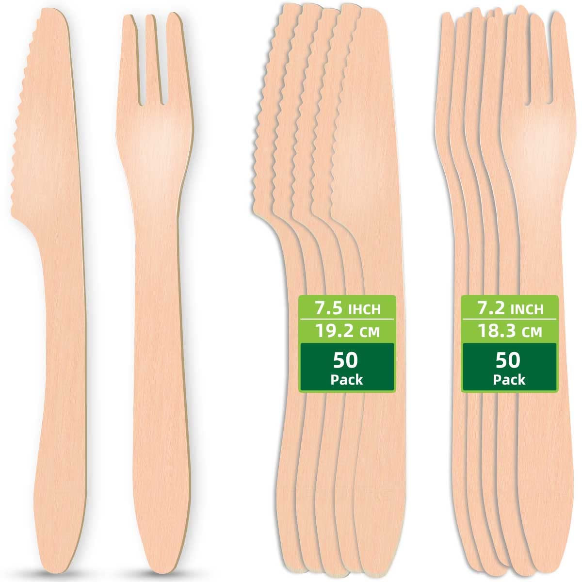 Besteck Messer und Gabeln Set Einweg 100 Stück, Holzbesteck und Einwegbesteck mit 50 Kuchengabel +`50 Dessertmesser, Tafelmesser Holzmesser und Holzgabeln 7 Zoll Besteckset für Party 50 Gäste