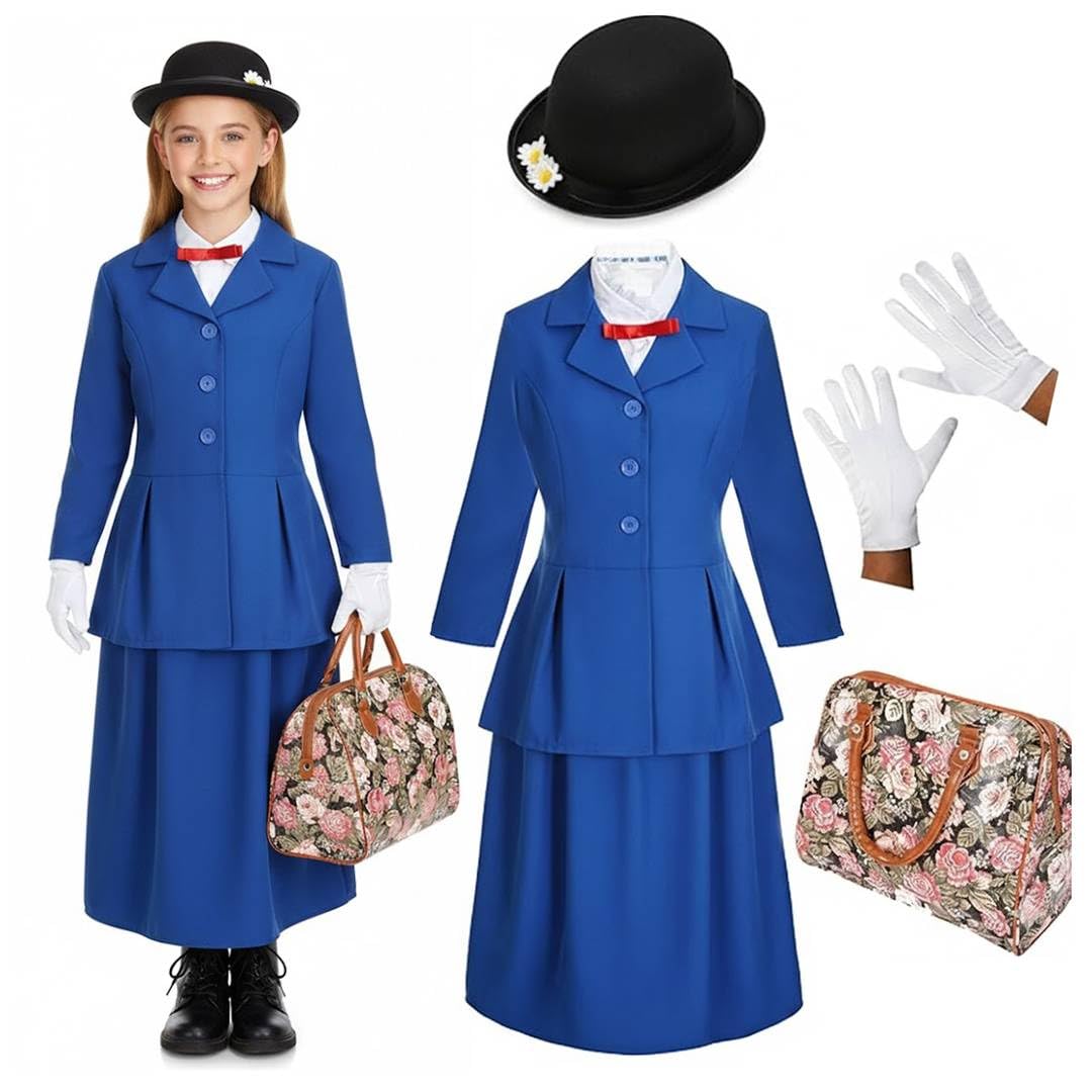 Girls Magical Nanny Victorian Costume - Blue Jacket With Shirt and Red Bow Tie, Long Blue Skirt, Black Bowler Hat With Daisies, White Gloves and Carpet Bag - Perfect for World Book Day