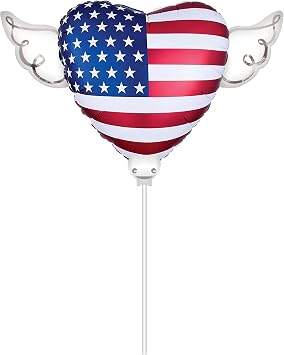 American USA Flag Heavenly Balloons Heart Shaped on a Stick with Angel Wings Patriotic Memorial