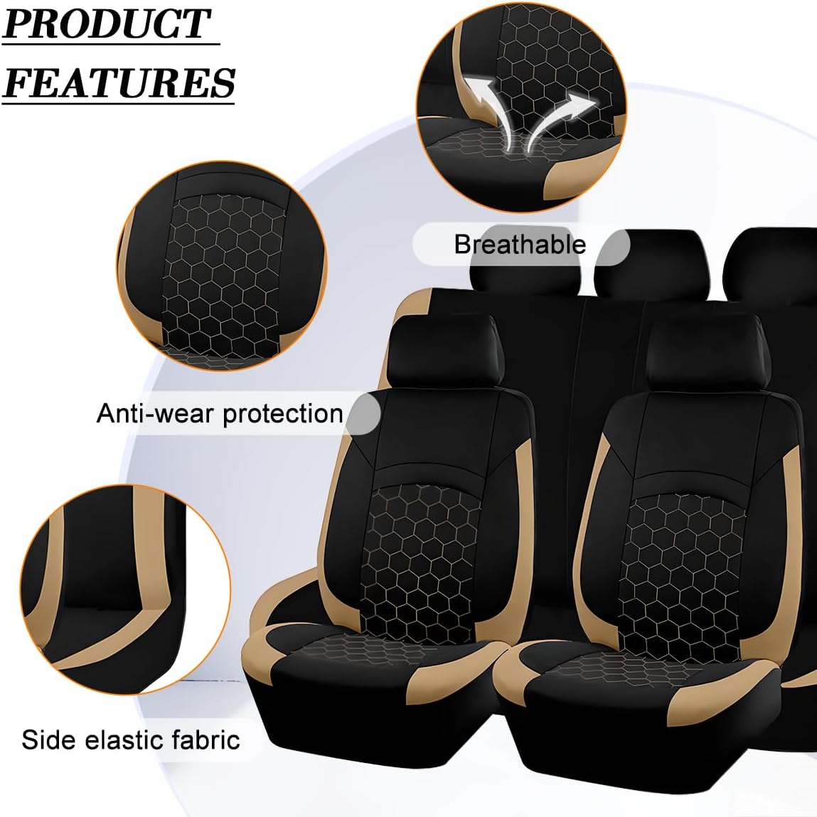 Car Seat Cover Full Sets, Polyester Foam Breathable Waterproof Vehicle Split Front Rear Seat Protectors, Automotive Interior Chair Cushion Pad, Universal for SUV RV Truck (Beige)