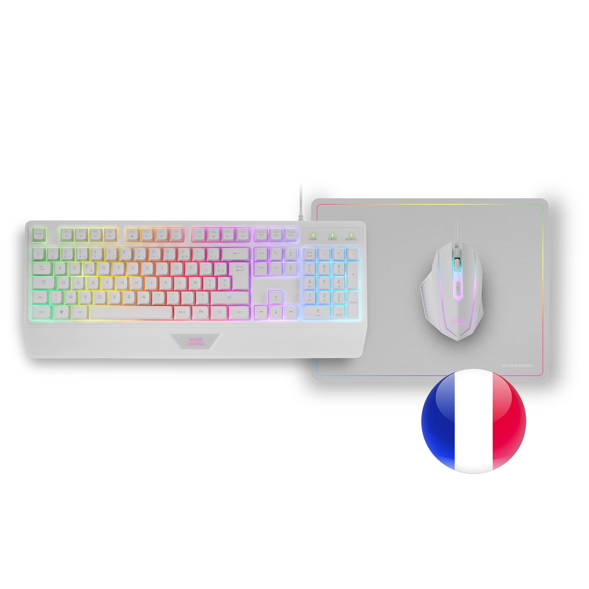 Mars Gaming MCP124WFR, Disposition Française, Combo Gaming 3en1, Clavier Ergonomique H-Mech LED RGB, Souris RGB 3200DPI Switches HUANO, Tapis Nanotextile 360x260mm, Multiplateforme, Blanc