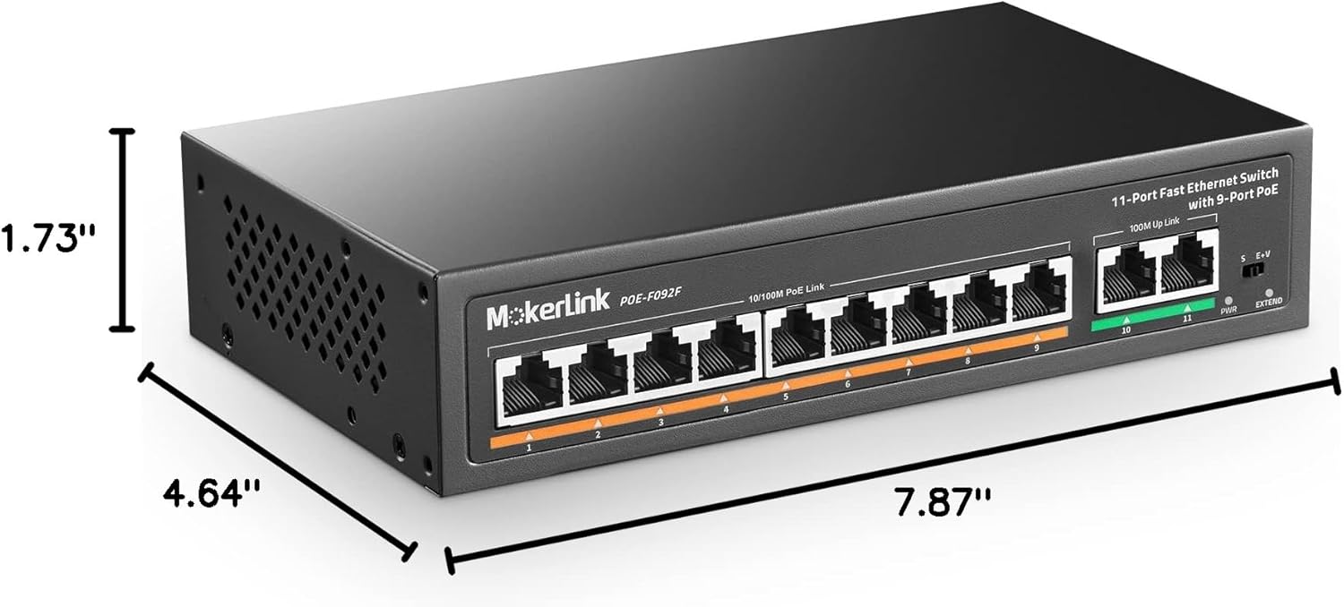 MokerLink 11 Port PoE Switch with dimensions labeled