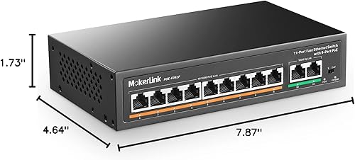 Miniatura 8 de MokerLink Conmutador de 11 puertos 9 puertos PoE+, 2 Fast Ethernet Uplink, 10100Mbps, 120W PoE, conmutador de red Plug & Play sin ventilador