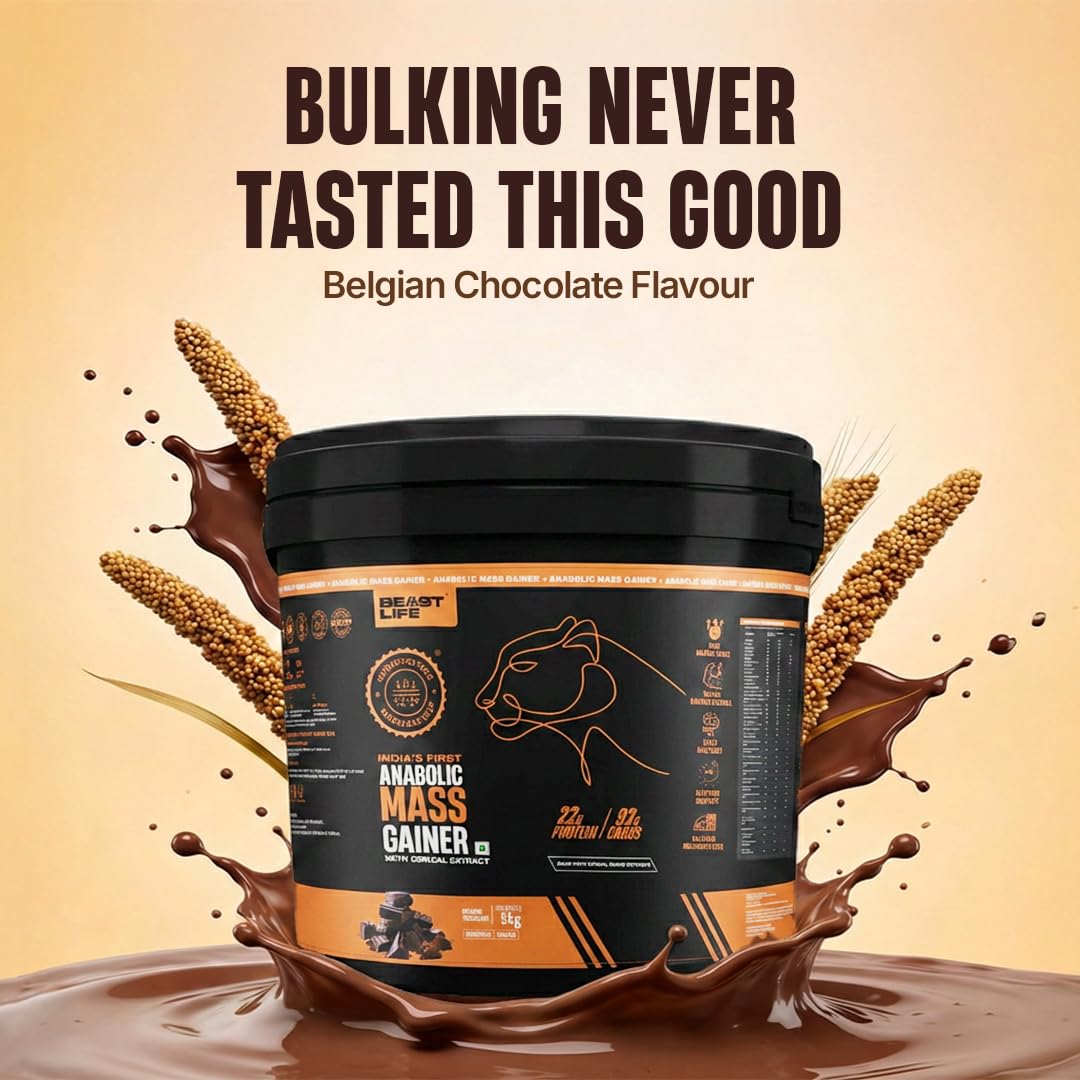 BeastLife High Protein Mass/Weight Gainer | 5 KG | Belgian Chocolate | NABL LAB Tested | For Muscle Gain & Fast Growth | Cereal-Based Formula, No Maltodextrin | India's #1 Cereal Based Bulk Gainer — Amazon image 2