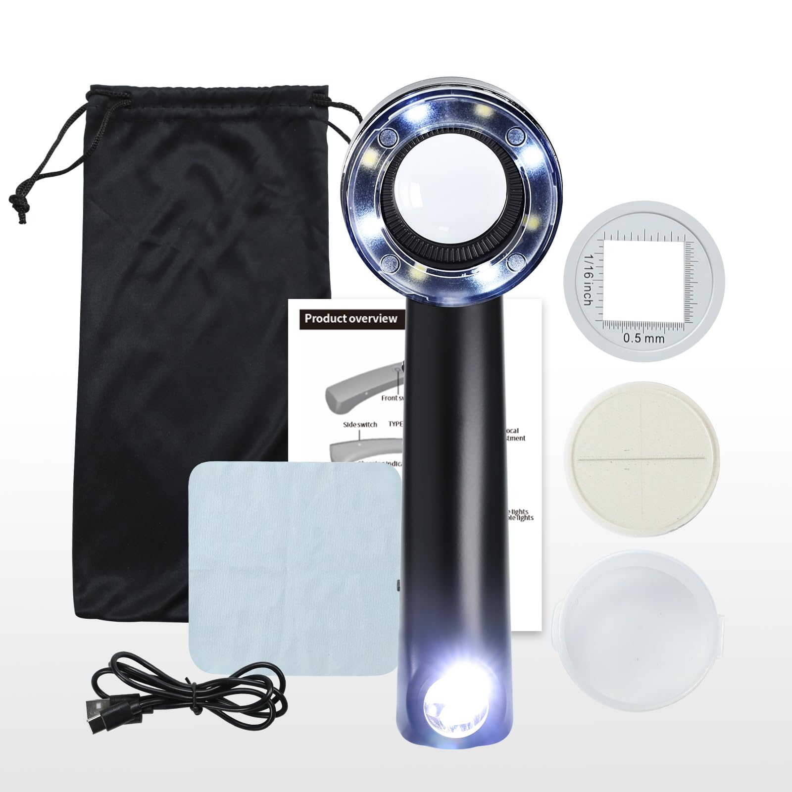 10-fache Lupe, wiederaufladbar, Handlupe mit LED-Licht, Skala, K9-Linse und 3 starken Lichtquellen, verstellbare Brennweite, Schmucklupe für Edelsteine, Münzen
