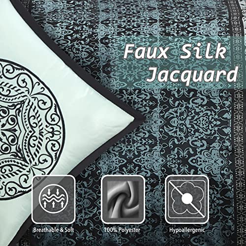 Grand Avenue Black & Teal Comforter Set King , Classic Jacquard Bedding Sets , Faux Silk , Premium Microfiber , 8 Pieces Bed In A Bag , Embroidered Pillows #TOP5