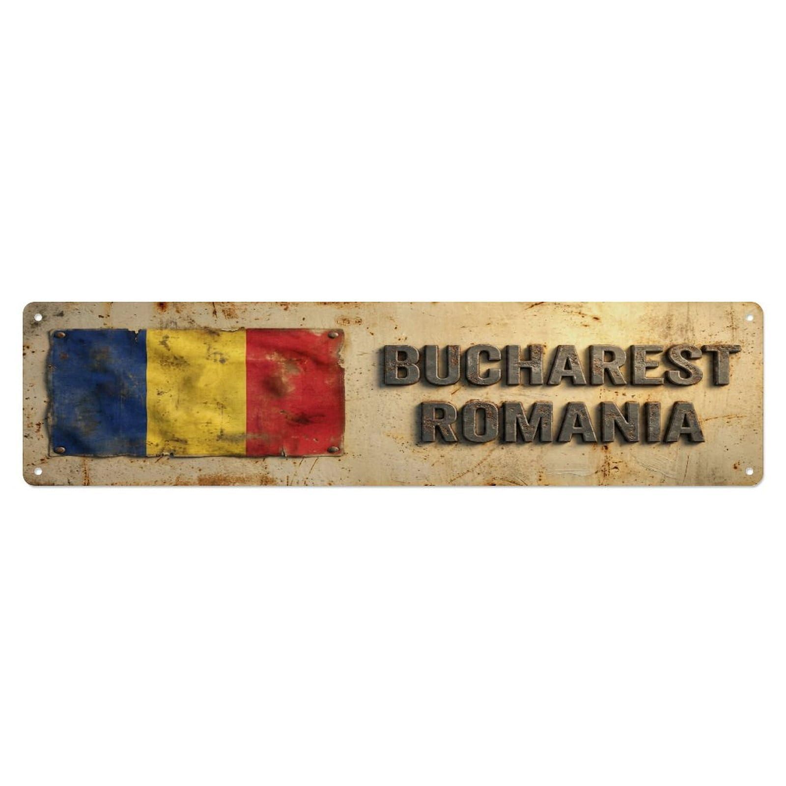 Metal Tin Sign Vintage Bucharest Romania Flag Decor Rustic Travel