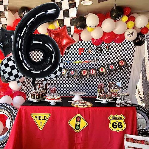 Image of TONIFUL 40 Inch Race Car 6th Birthday Balloons - Racetrack Number 6, Wheel Tire, Black White Checkered, Star - Boys Car Themed Party Decor