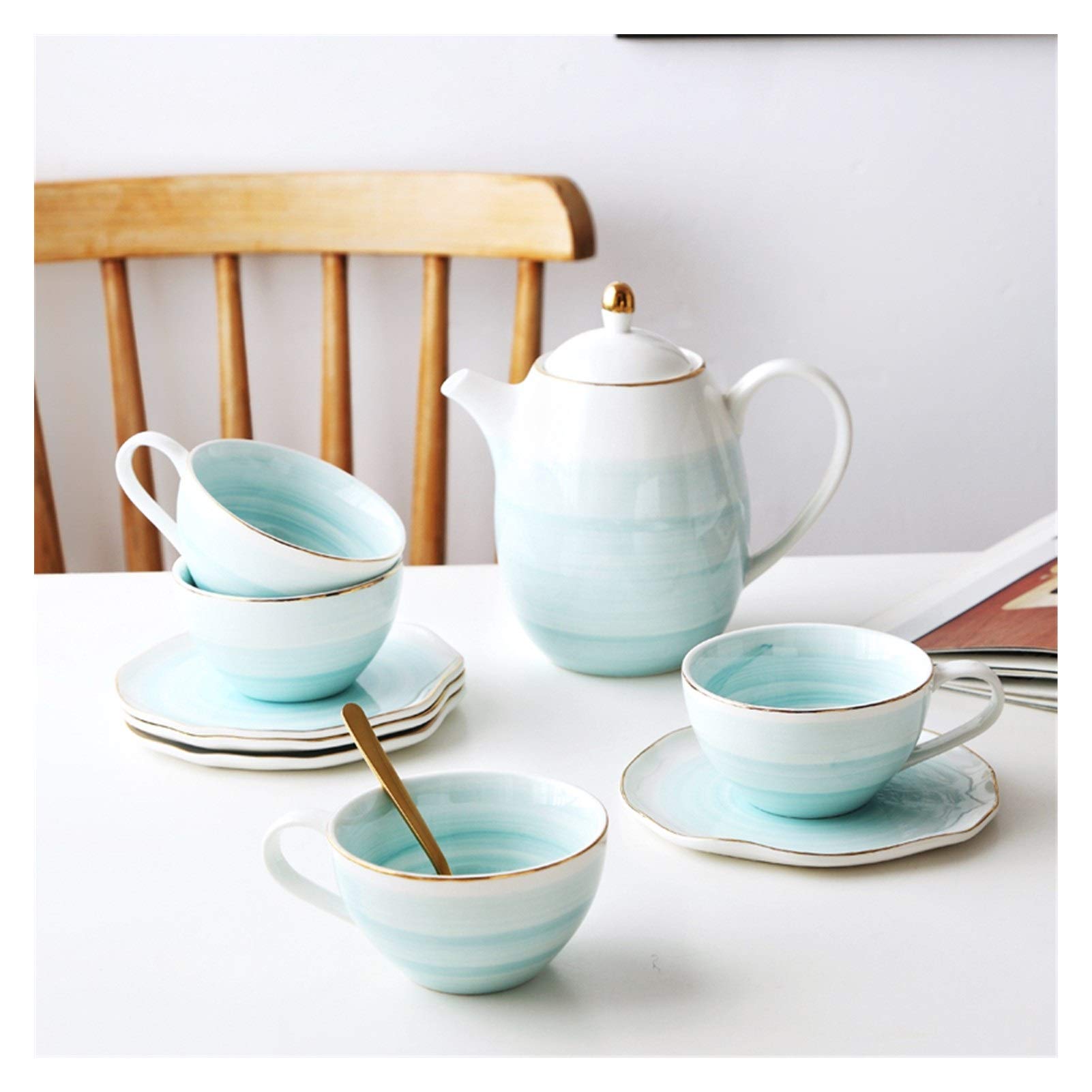 Tazas de café grandes de cerámica, Juego de taza y platillo té cerámica multicolor con cuchara bañada en oro, paquete 2(Roze)