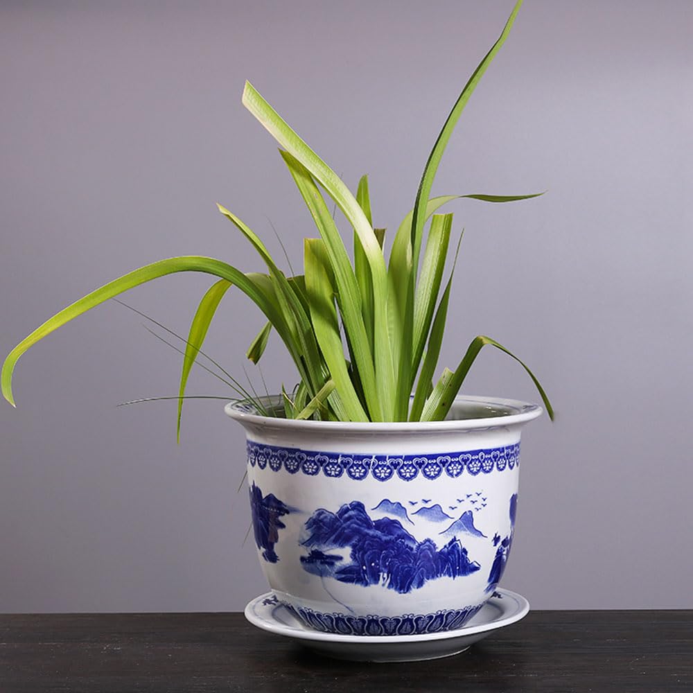 asdchZen Chinoiserie Ceramic Planter Indoor Plant Pots With Tray Plant Pots Indoor Blue And White Porcelain Flowerpot Round Planter Flower Nursery Pot Orchid Ceramics Bonsai,C-34 * 23cm