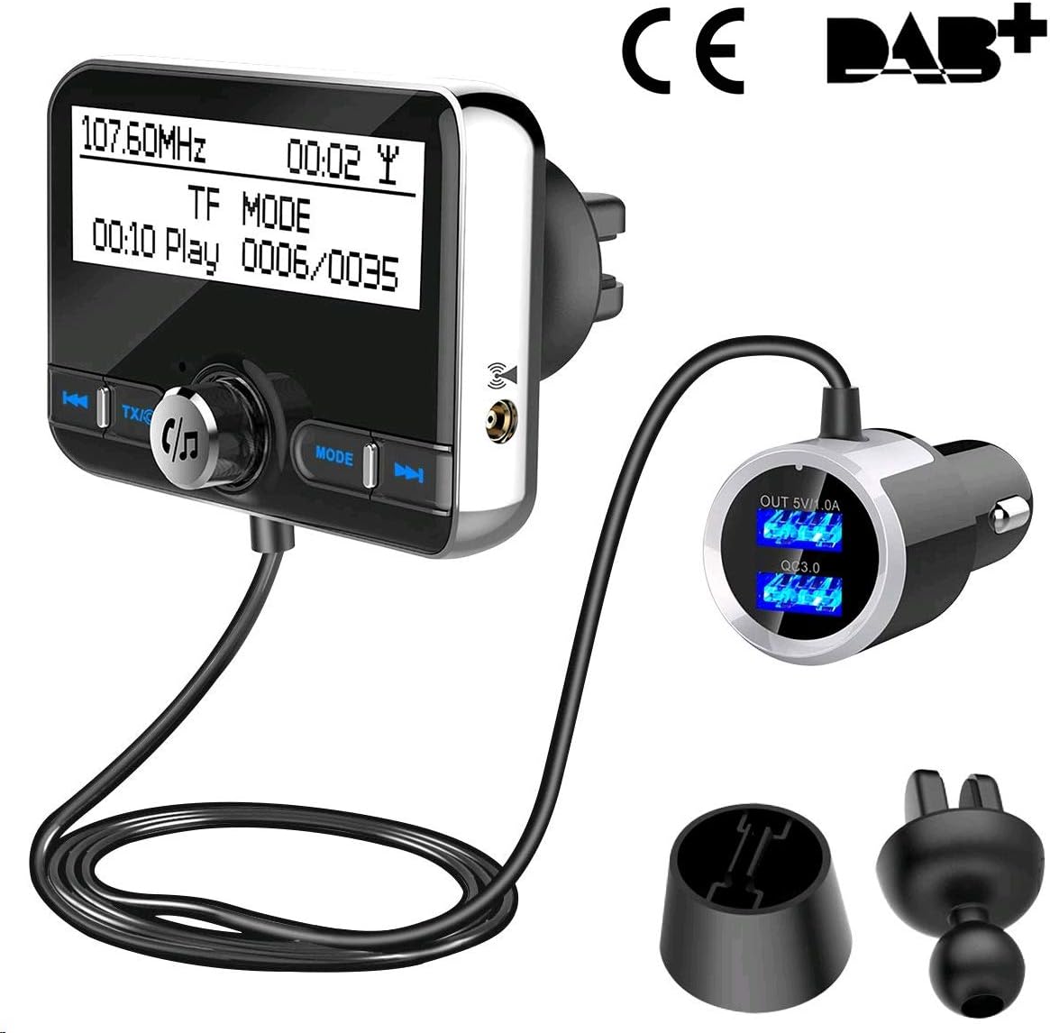 DAB+ Car Charger Bluetooth V4.2+EDR FM Transmitter, Wonsidary LCD Screen DAB Radio Bluetooth Receiver with Bluetooth Handsfree and Dual USB QC3.0 Car Charger, 3M Antenna, 3.5mm Aux Output
