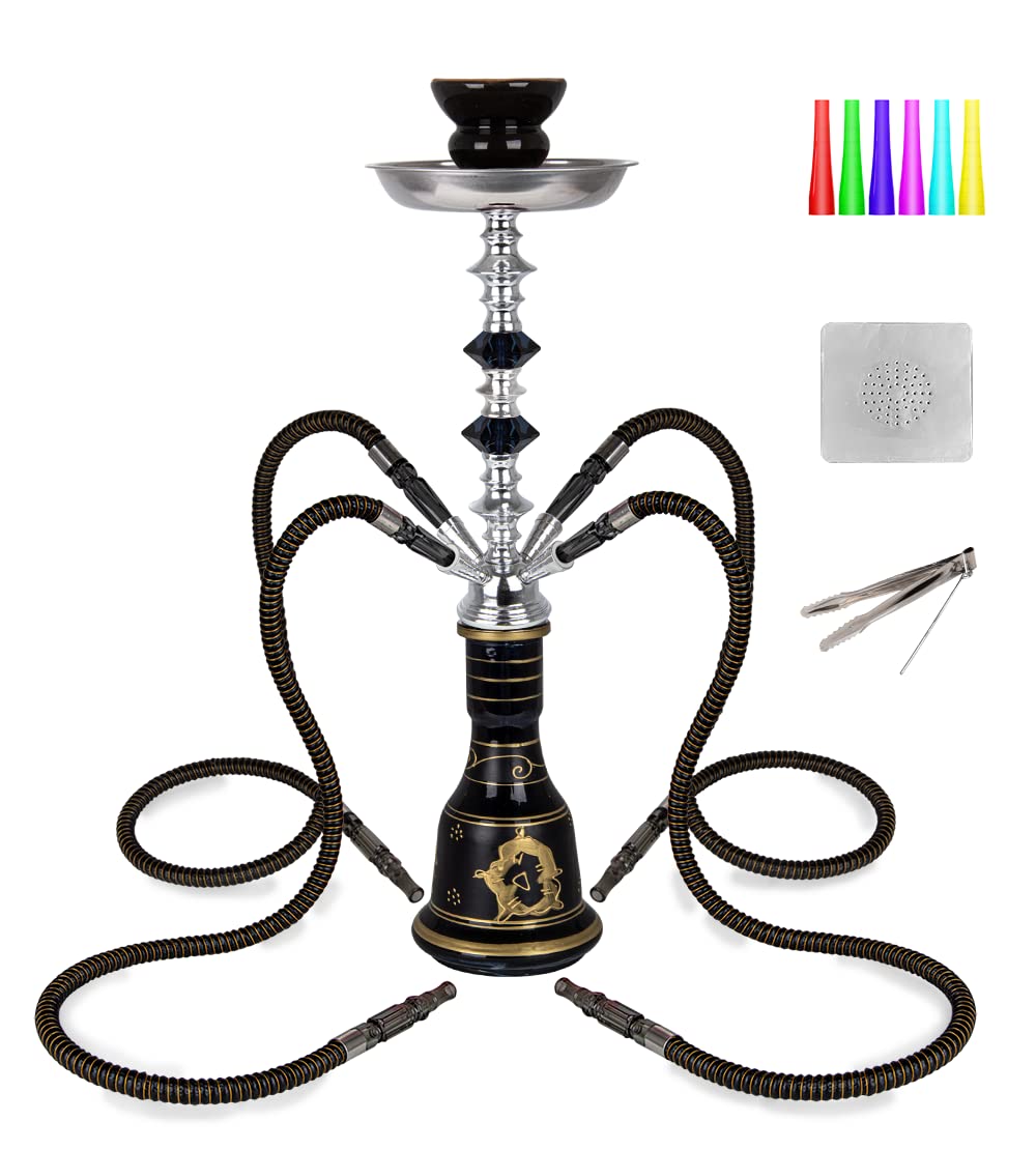 Photo 1 of 21'' 4 Hose Hookah Set with Everything Glass Shisha Vase - Include 50 Disposable Tips, 50 Pre-Punched Aluminum Foil (Black)