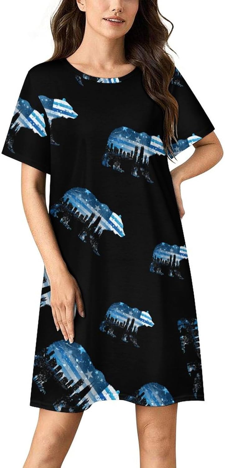 American Flag City Flag Bear Print Womens Nightgown Short Sleeve Sleepshirts Loungewear