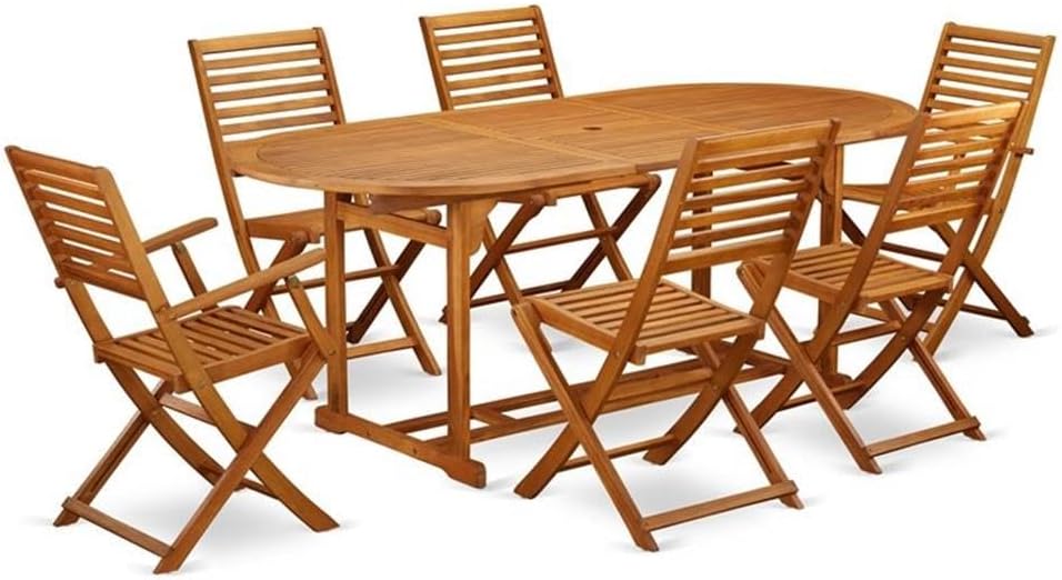 Pemberly Row 7-Piece Acacia Wood Patio Dining Set, Natural Oil Finish, Rectangular Table and 6 Foldable Chairs, Water-Resistant Outdoor Furniture for Backyard or Patio Spaces