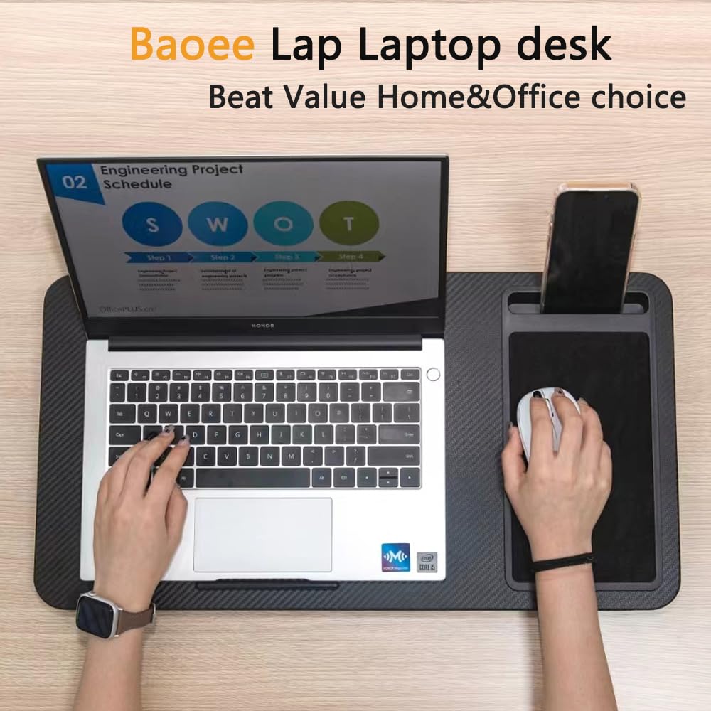 Bureau portable pour ordinateur portable avec coussin - Convient aux ordinateurs portables jusqu'à 17", avec fente pour tablette et téléphone, tapis de souris, idéal pour la maison et le bureau