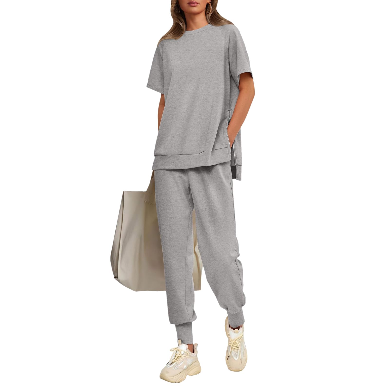 amropi Femmes Été Survêtement de Sport Manches Courtes Ensemble de Haut Fendu et Pantalon de Jogging