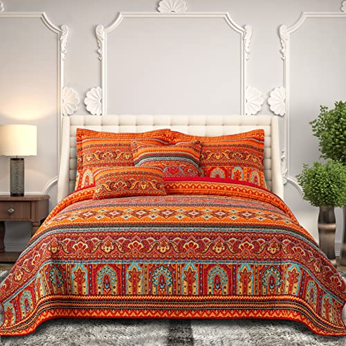 BEDIFANY Cotton King Size Quilt Set - Boho Lightweight King Bedspread - Colorful Orange Reversible Coverlets Quilt Bedding Sets - Oversized King Quilt Set for Bed Decorations for All Seasons, 3 Pieces