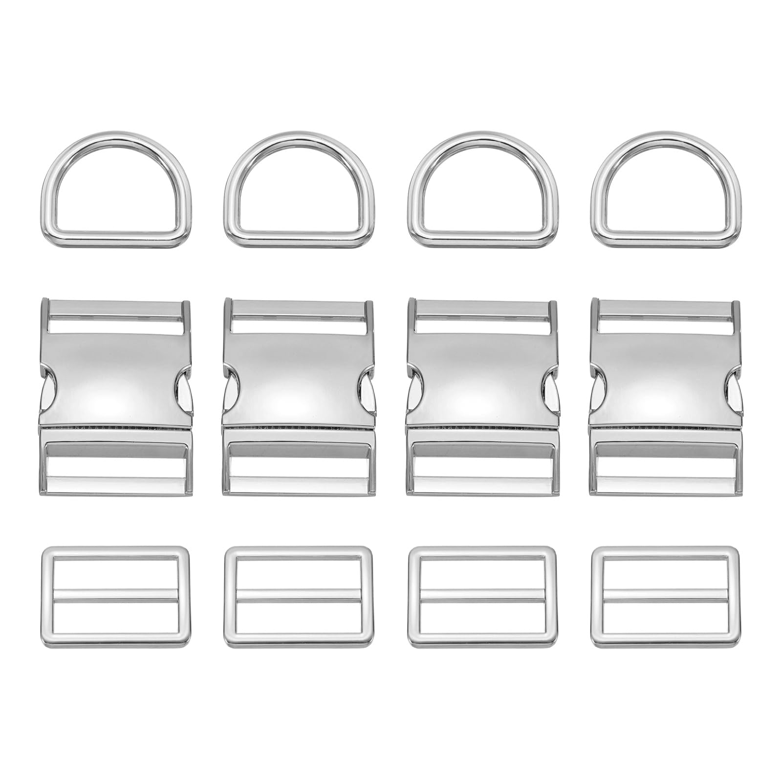 sourcing map 4 Sets Metal Side Release Buckles 20mm/ 13/16" Adjustable Quick Release Buckle Hook Clip with Tri-Glide Sliders D Rings for Strap Backpack Webbing Craft Dog Collars, Silver
