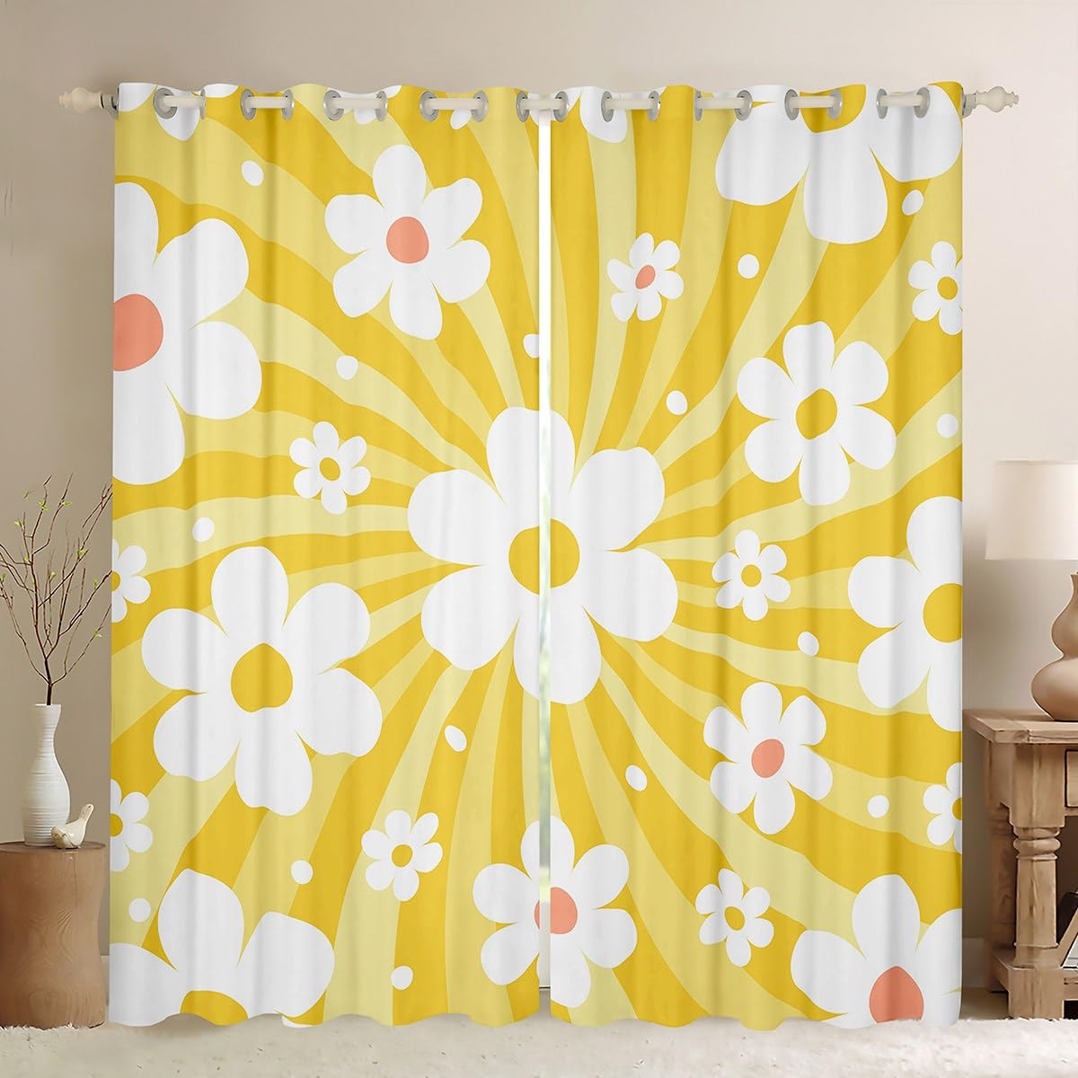 feelingyou Cartoon Flowers Blackout Curtains,Yellow Stripes Curtain,Daisy Window Drapes for Kids Teens Boys Young Man,Modern Bedroom Decorative,Abstract Flowers Curtain,46Wx54L