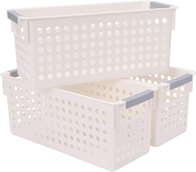 JAKAGO Small Plastic Storage Baskets Kitchen Cupboards Organiser Storage Baskets for Shelves -Set of 3 (White,S)