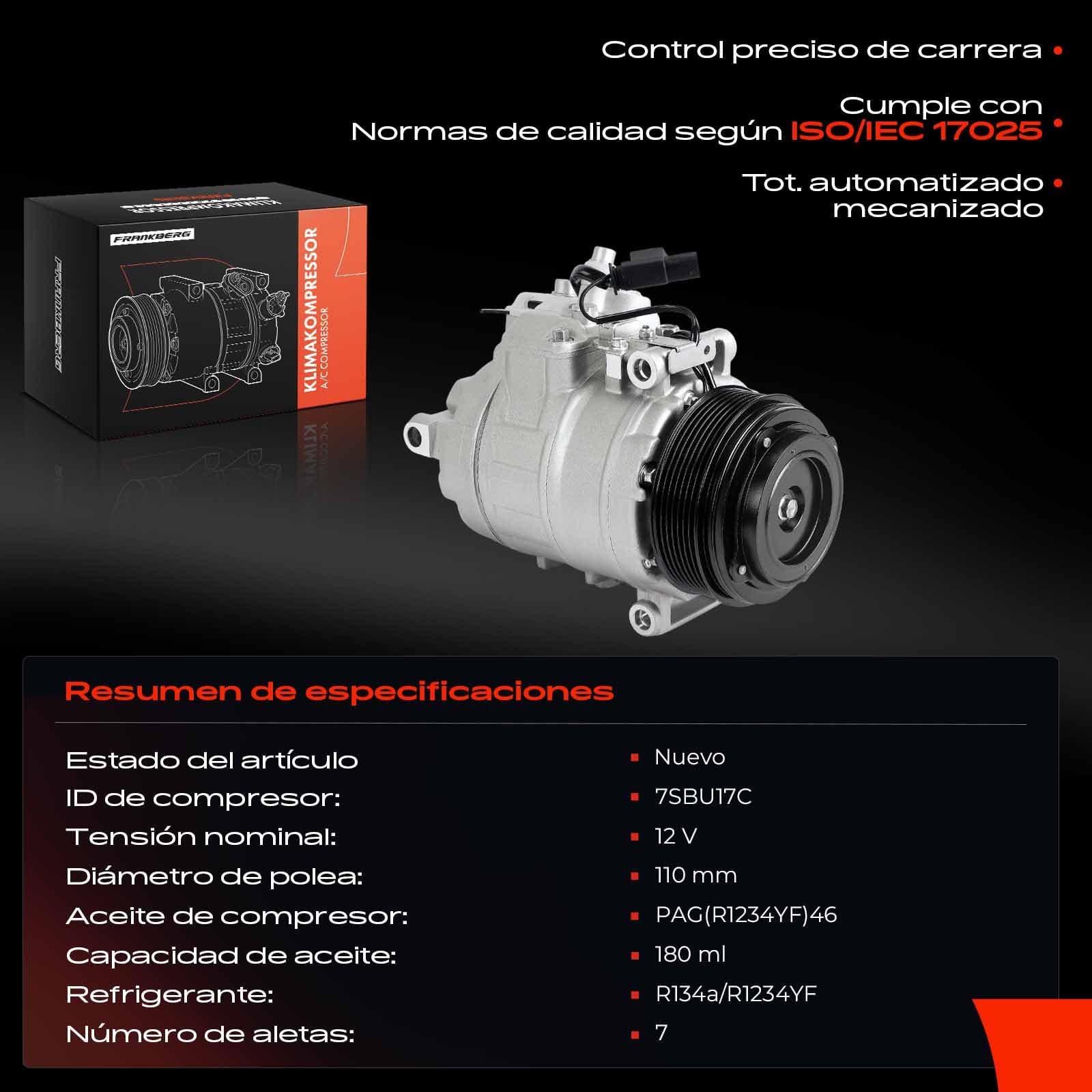 Frankberg Compresor de aire acondicionado 3 Polos Compatible con Clase S V222 W222 X222 S500 S63 4.7L-5.5L 2013-2017 Sprinter 3,5-T B906 310-316 2.1L 2006-2018 Replace# 0008306300