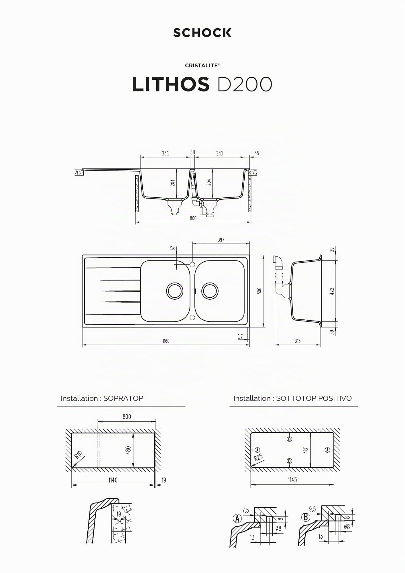 SCHOCK | Évier de cuisine Lithos D200 2 bacs avec goutteur, baignoire réversible, matériau Cristalite®, gris taupe, 1160 x 500 mm