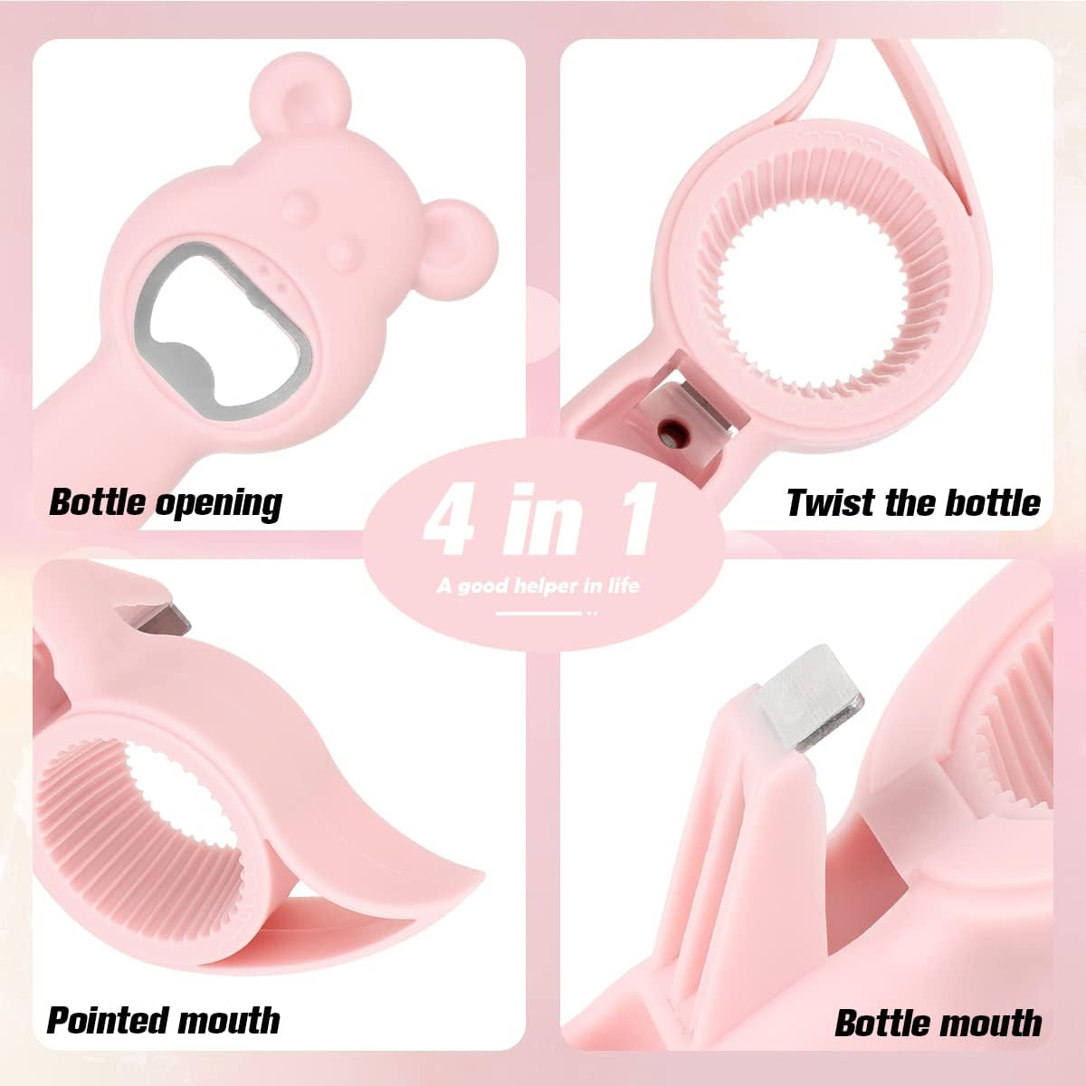 2個 4イン1 ボトルオープナー かわいいクマの栓抜き 多機能ジャー缶ビール栓抜き ホワイトピンク