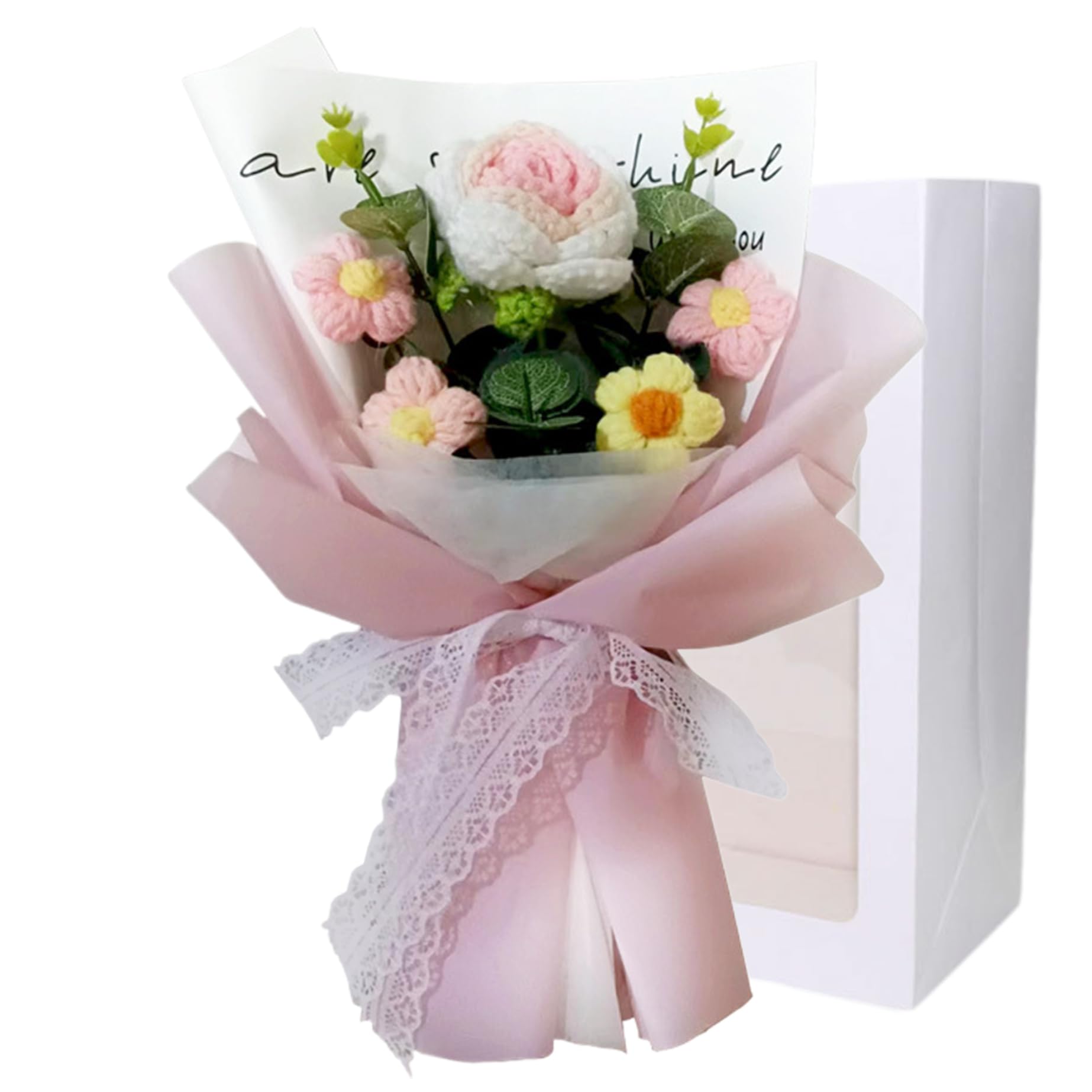 Bouquet de fleurs au crochet 5 têtes roses 7,9 x 11,8 pouces pour mariage Saint-Valentin