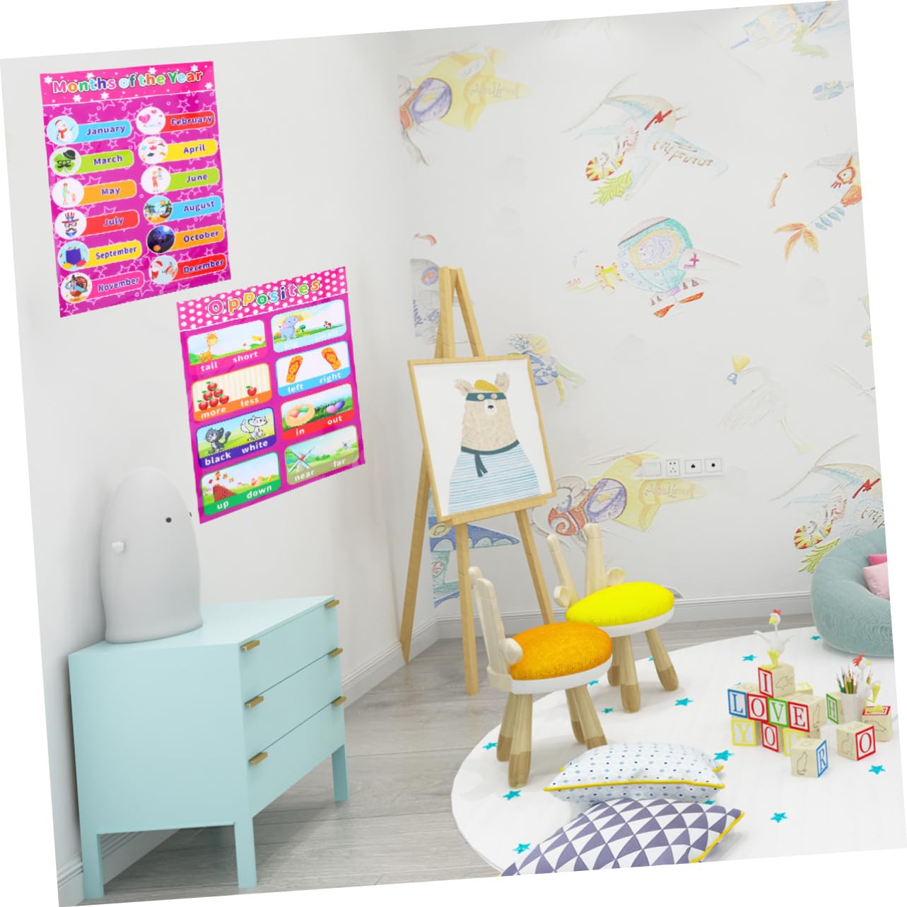 SEWACC Affiches Murales Éducatives Garçon Et Filles 14 Pièces Papier Synthétique Cartes Dessins Animés Apprentissage Précoce Salle De Classe Maternelle