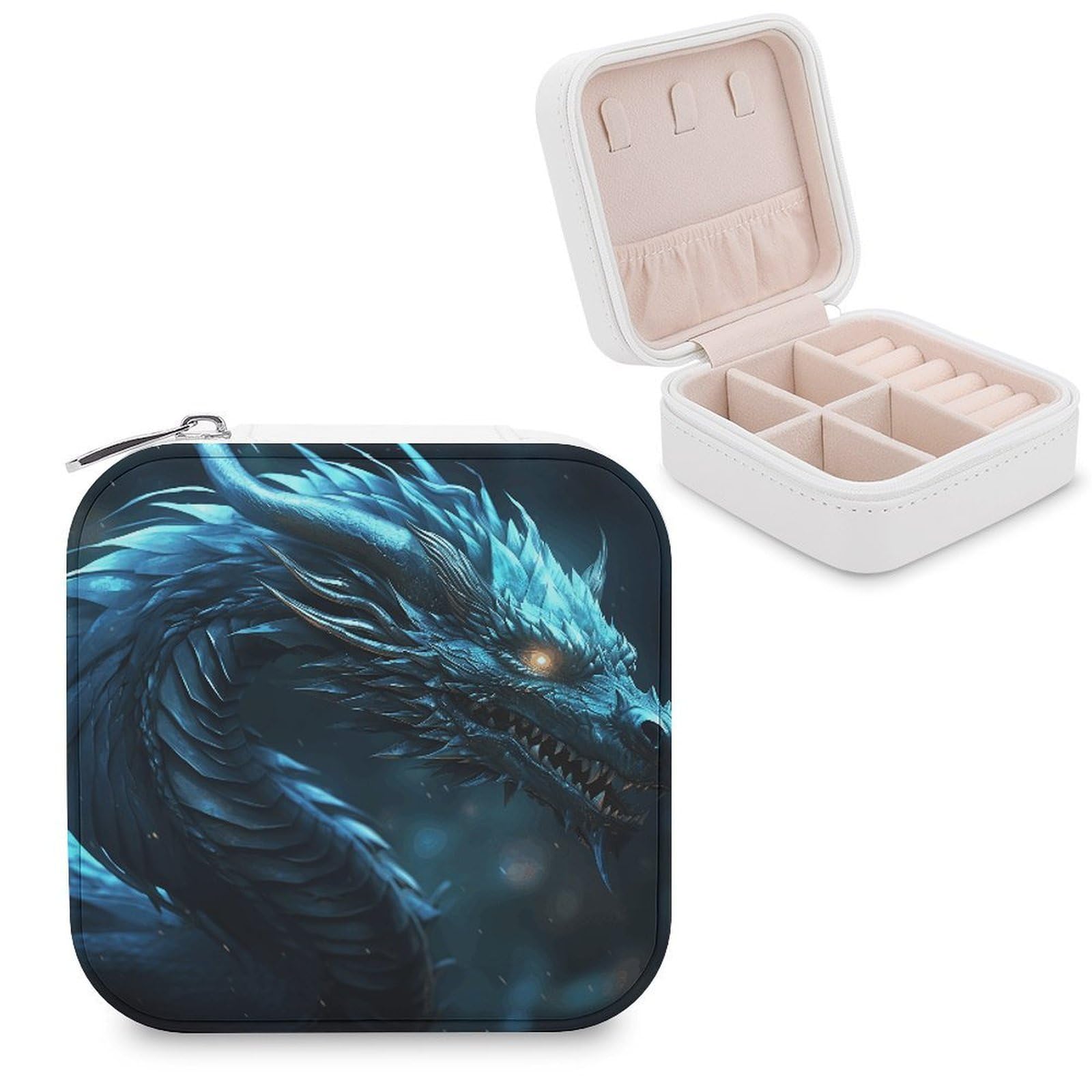VstaDank Cyan Dragon Travel Jewelry Case Zipper Portable Small Jewelry Box Custom Pu Leather Mini Traveling Jewelry Organizer for Rings Earrings Necklace Bracelet Girls Women