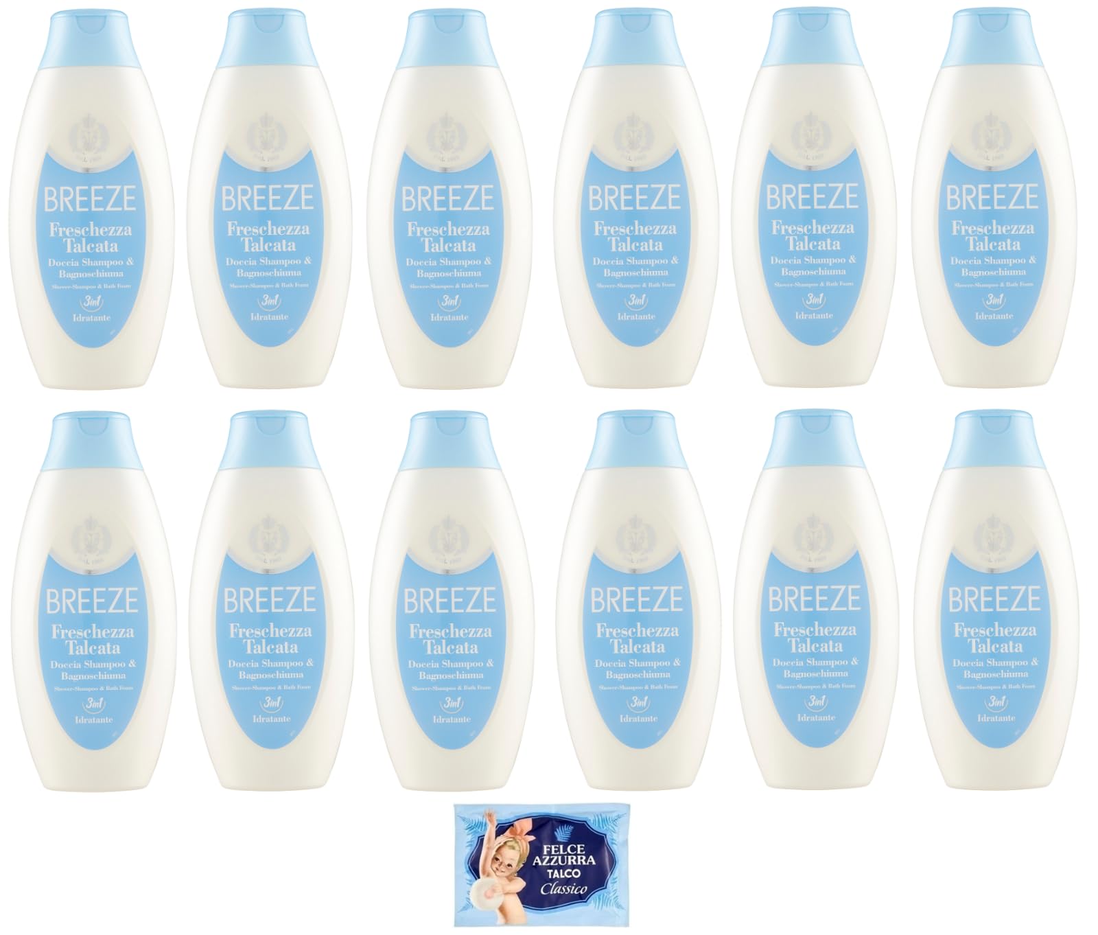 12x BREEZE Freschezza Talcata Doccia Shampoo e Bagnoschiuma, profumo di talco, deterge efficacemente corpo pelle e capelli 400ml + 1 Busta di Talco Felce Azzurra in omaggio da 100g