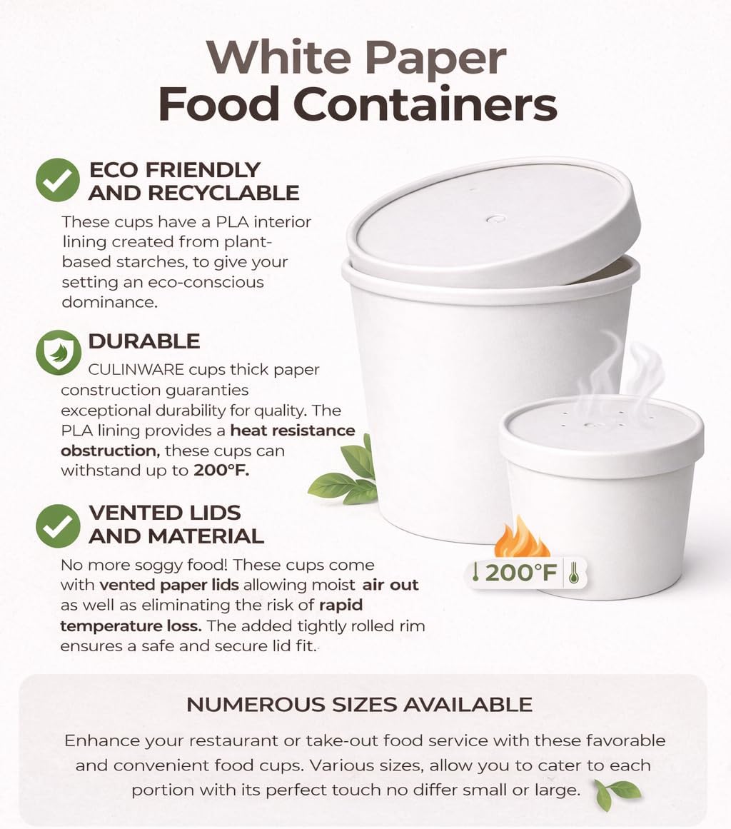 Eco Friendly Recyclable Kraft Soup Bowls | White Disposable Food Cups with Lids | Container - Soup Cups Great for Restaurants, Take-Outs, Or Disposable Soup Bowls To Go Lunch (25/Pack) (White, 12 oz) image 5