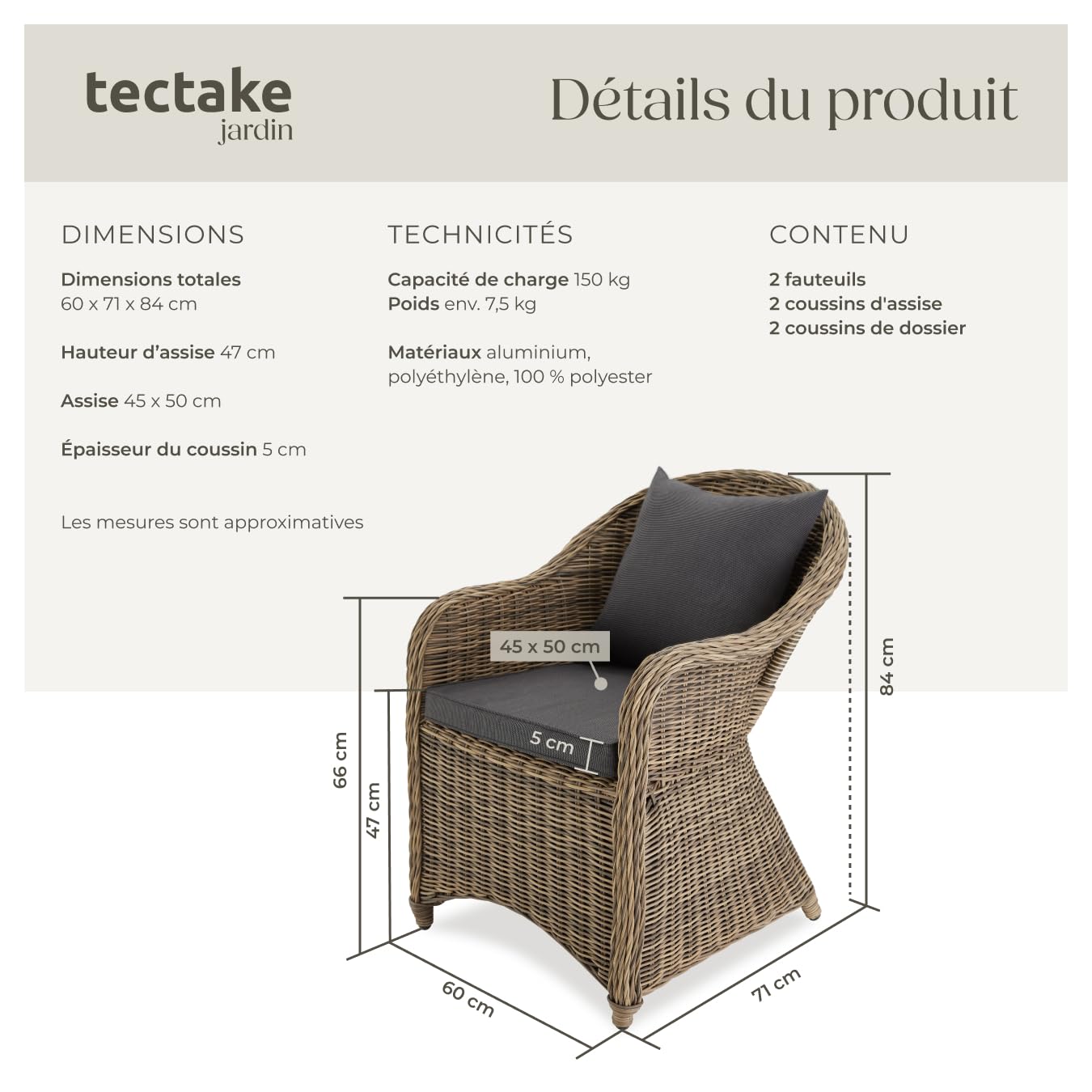 tectake® Ensemble de 2 Fauteuils Confortables avec Accoudoirs, Salon de Jardin Exterieur ou Intérieur, PolyRotin et Aluminium, Coussins Inclus, Mobilier de Jardin Amenagement Balcon Terrasse Veranda