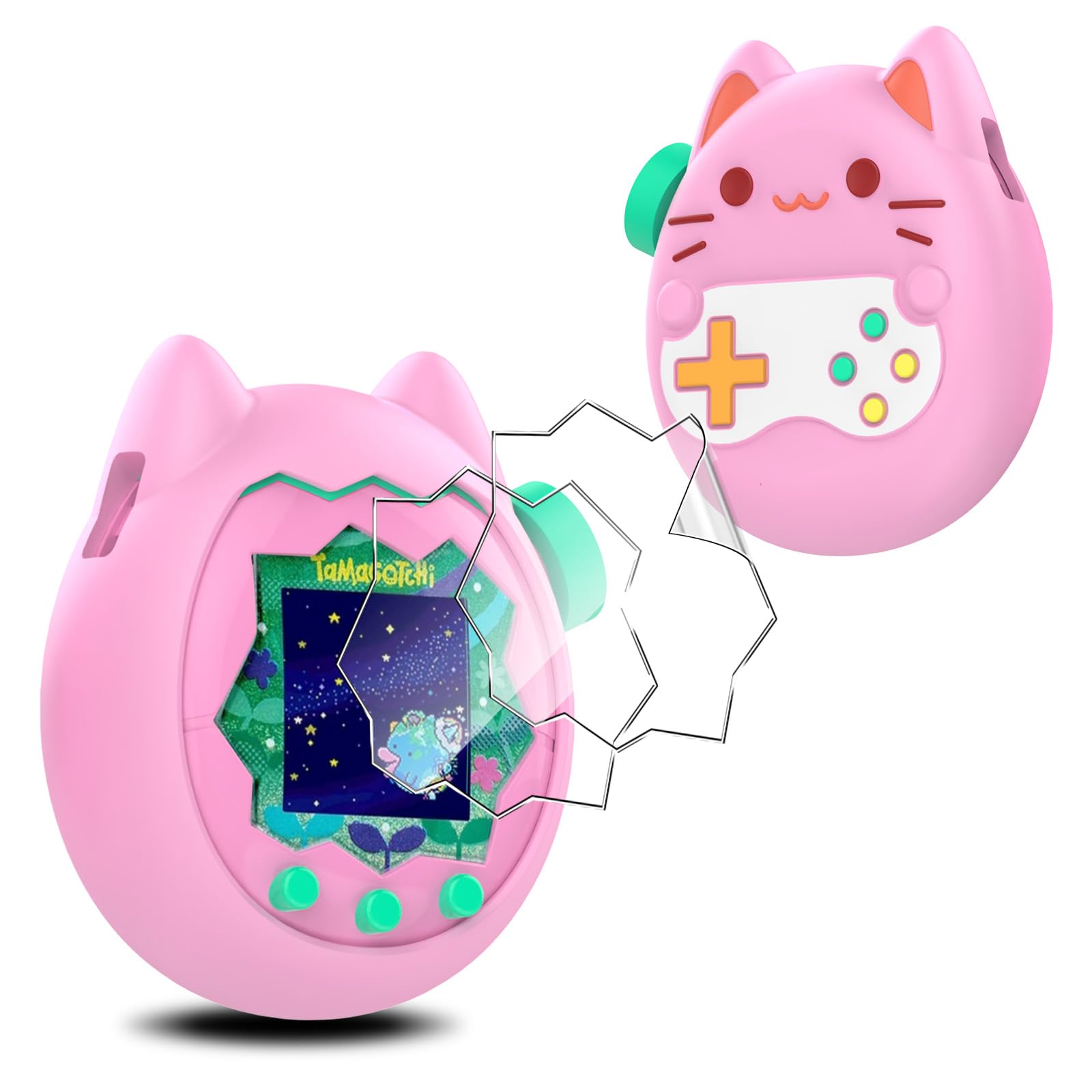 【1+2枚セット】For Tamagotchi Paradise ケース(1個)+ 保護フィルム(2枚)Ubefuu 対応 たまごっちパラダイス カバー フィルム TPU+シリコン素材 全面保護 高透過率 高感度タッチ 落下防止 軽量 衝撃吸収 指紋防止 防水防塵