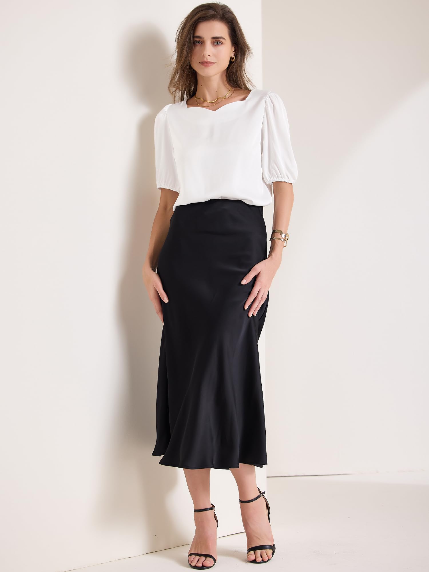 Allegra K Chemisier élégant en satin avec col en cœur et manches mi-longues pour femme