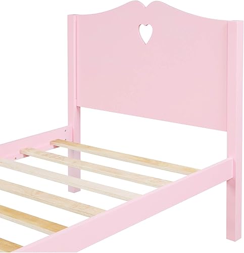 Miniatura 5 de MERITLINE Base de cama de plataforma de tamaño individual, cama de plataforma de madera maciza con cabecera y estribo, soporte de listones de madera