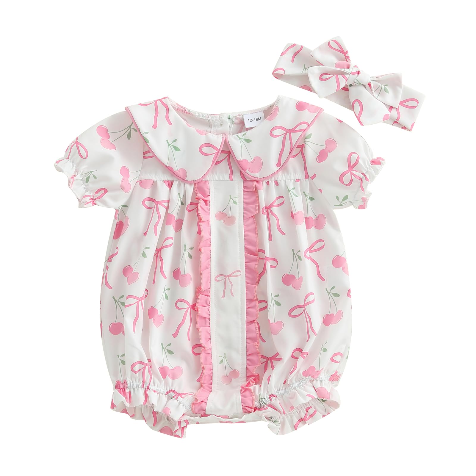 Licupiee Infant Baby Girls Cherry Romper Newborn Coming Home Outfit Floral Print Babydoll Collar Short Sleeve Ruffle Bodysuit