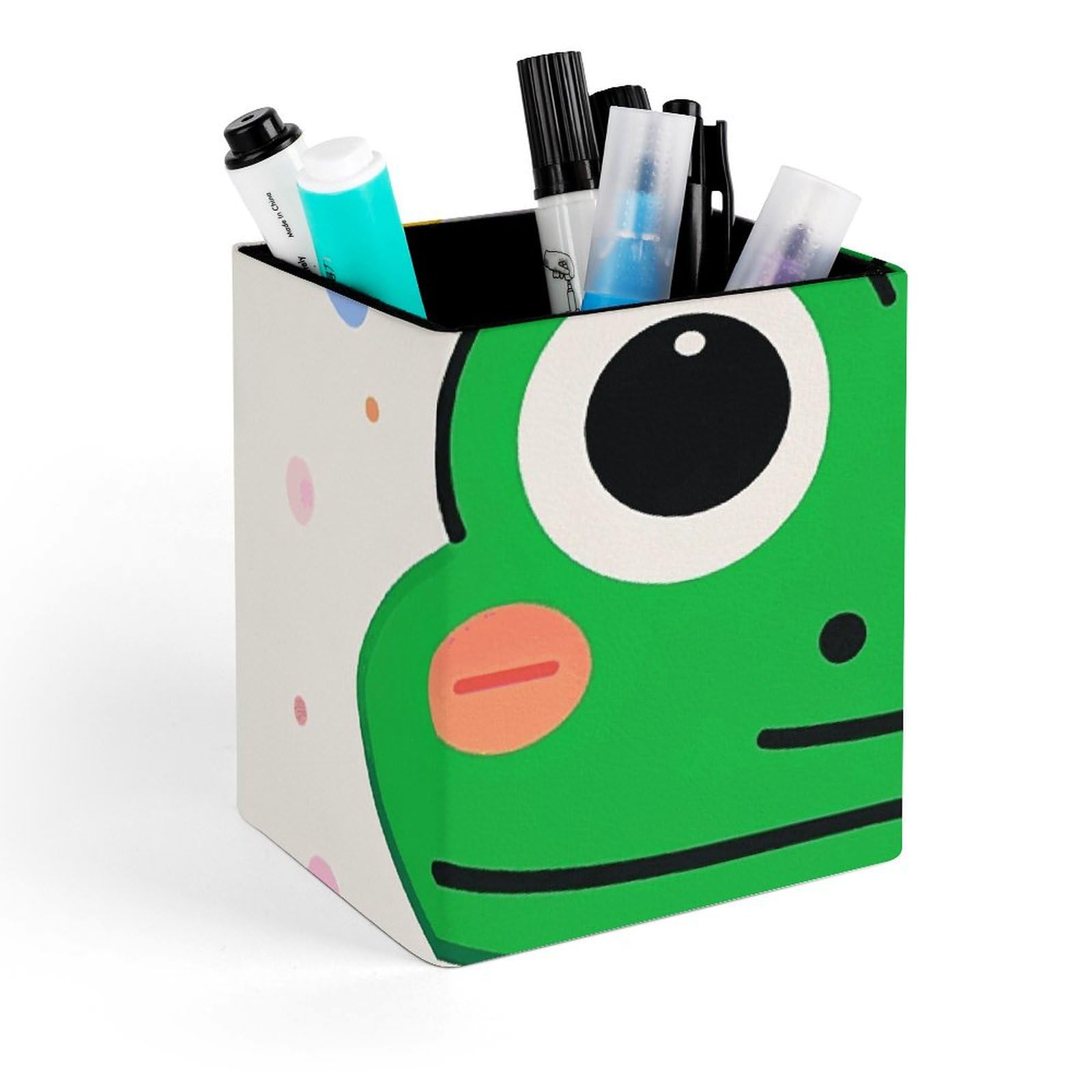 Porte-stylo carré en cuir grenouille mignon de 10,9x7,9x8,9 cm pour rangement de bureau