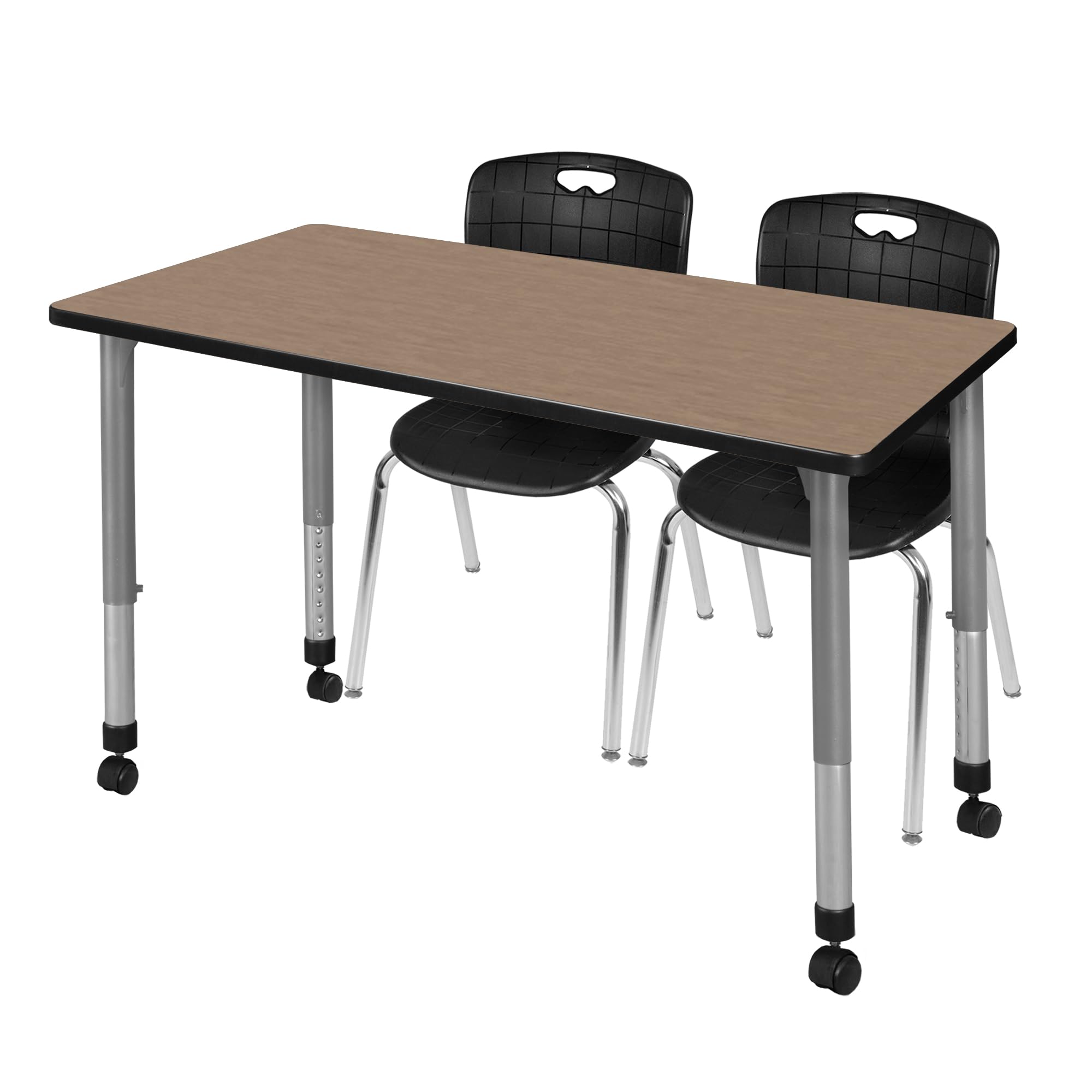 Regency Kee 60 x 24 in. Mobile Adjustable Classroom Table- Noble Oak Top, Grey Base & 2 Andy 18 in. Mobile Black Stack Chairs