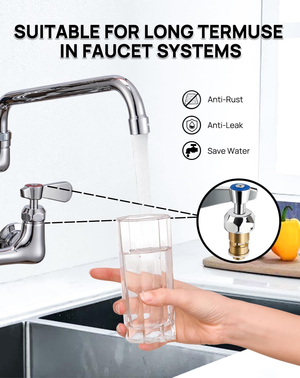 Lead-Free Brass Handle Stem Assembly Commercial Faucet Parts for Pre Rinse Sprayer Commercial Kitchen Sink Faucet Cold Side Handle Ceramic Cartridge Fits Kitchen, Restaurant, Industrial