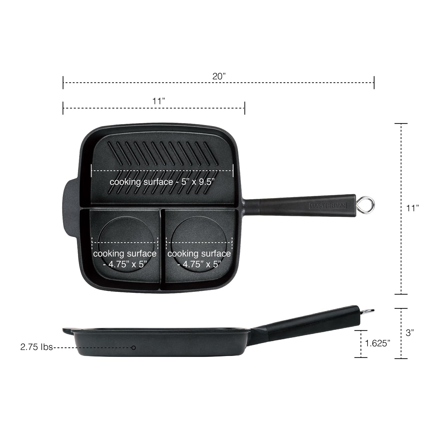 Masterpan Padella antiaderente a 3 sezioni, 28 cm, manico staccabile, pronta a induzione, salvaspazio, pentole da campeggio, in alluminio pressofuso, utilizzabile in forno e lavastoviglie, nero