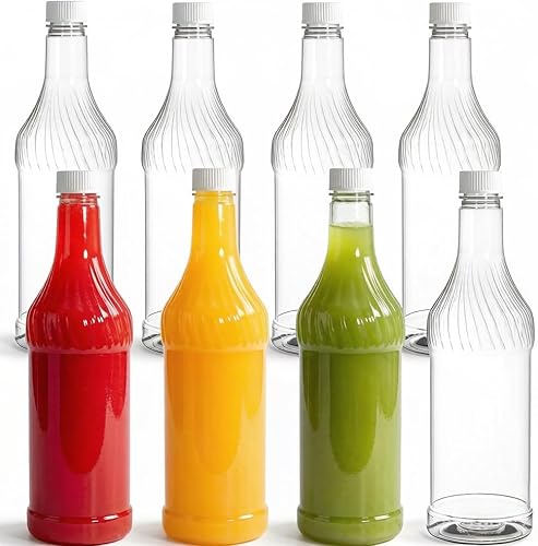 Noamus Paquete de 8 botellas de refresco de plástico de 33 onzas con tapas, contenedor de jugo de PET transparente vacío reutilizable de 1 litro,