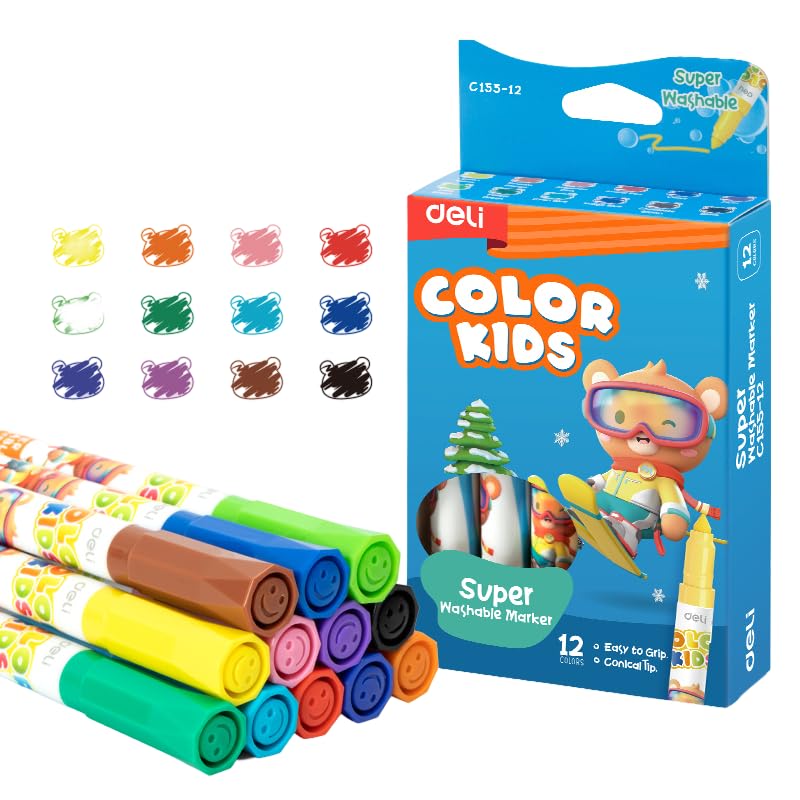 Image of deli EC155-12 Washable Marker | Quick-Drying, Smudge-Free Ink (12 Shades)