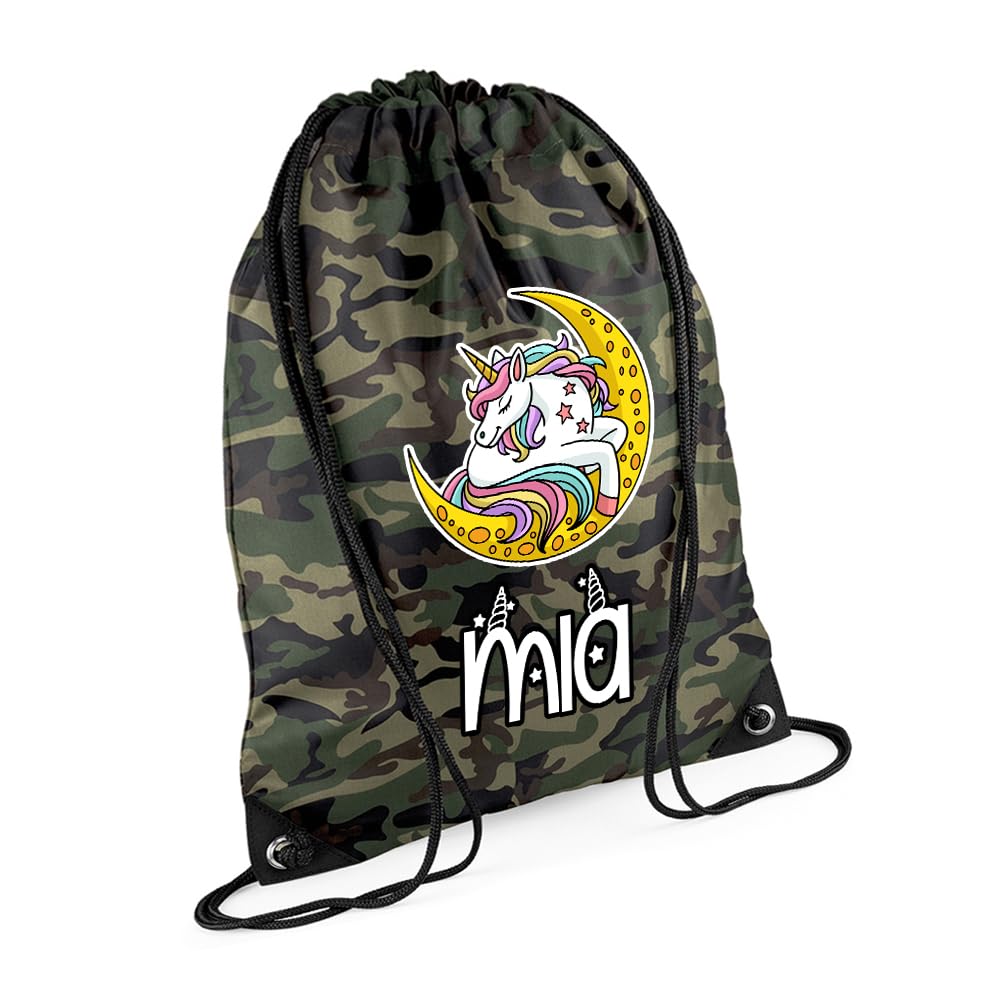 Unicorn Bag Gift For Girl, Personalised Backpack, Back To School Gift, Drawstring Bag, PE Gym Kit, Swimming, Sport Rucksack. (Jungle Camo)