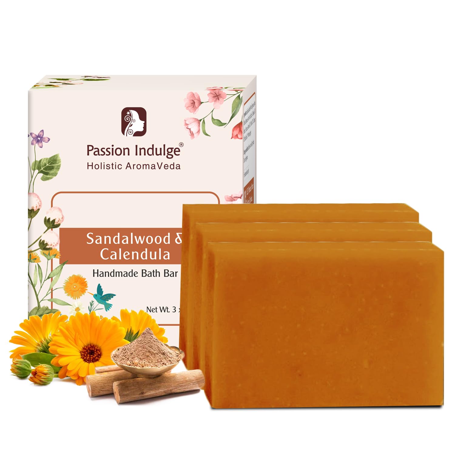 Passion Indulge Natural Handmade Sandalwood Bath Bar- Ayurvedic Herbal Soap Moisturizes Skin and Prevent Acne-Pack of 3 x 100g